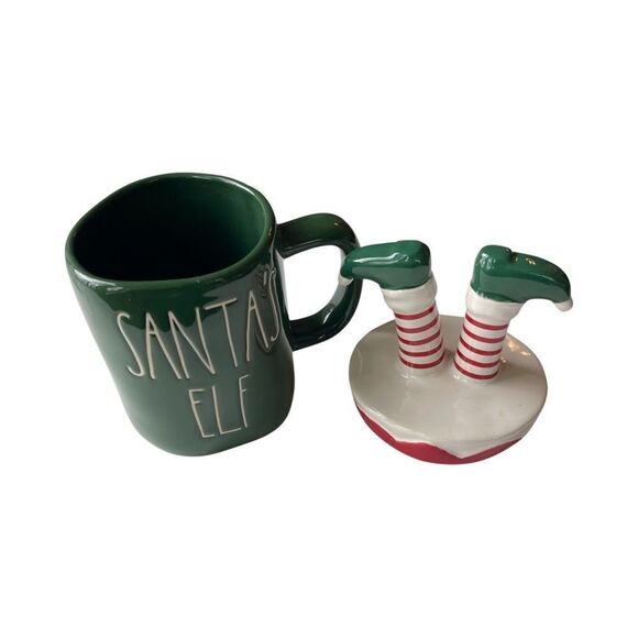 Rae Dunn Christmas SANTA'S ELF Mug with Figural Topper Lid Green Ceramic NIP - Picture 8 of 13
